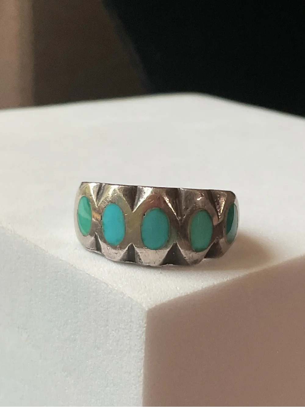 Vintage Sterling Silver Turquoise Inlay Native American Heavy Chunky Ring Size 6